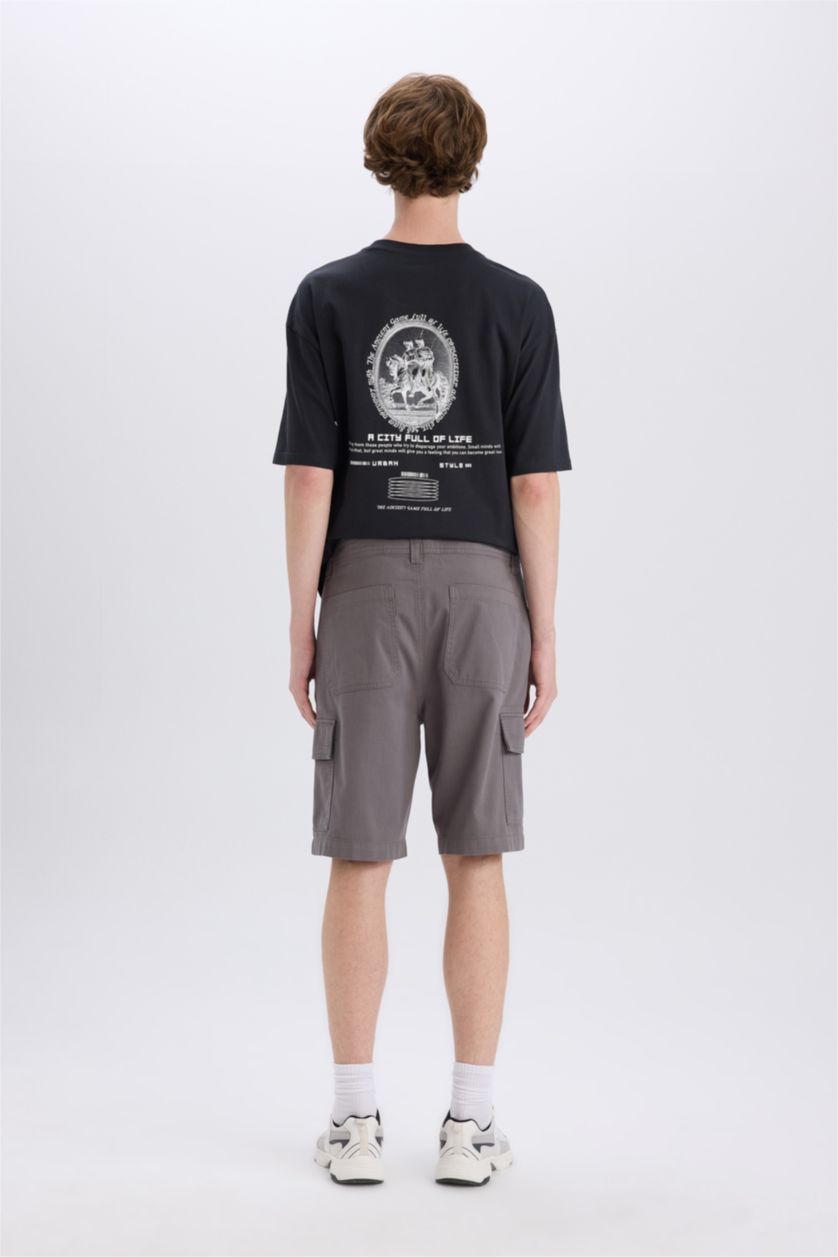 MAN Grey Cotton Regular Cargo Bermuda Shorts