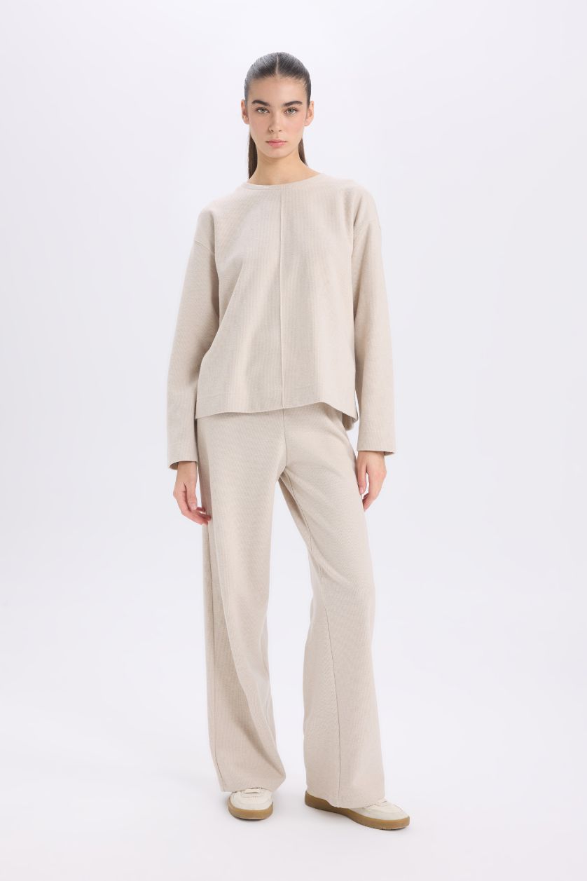 Kadın Bej 2'li Takım Bisiklet Yaka Uzun Kollu Basic Düz Üst Wide Leg Geniş Bol Paça Alt