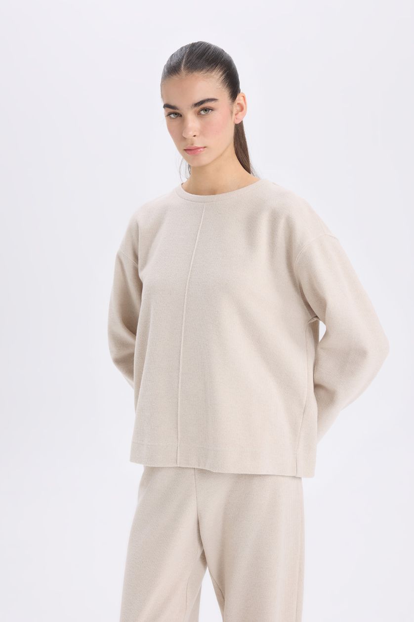 Kadın Bej 2'li Takım Bisiklet Yaka Uzun Kollu Basic Düz Üst Wide Leg Geniş Bol Paça Alt