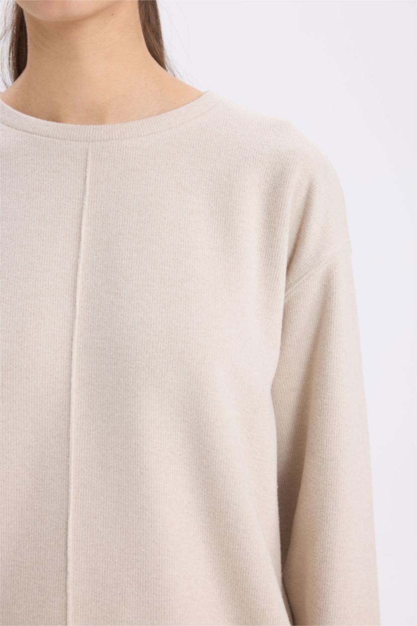 Kadın Bej 2'li Takım Bisiklet Yaka Uzun Kollu Basic Düz Üst Wide Leg Geniş Bol Paça Alt