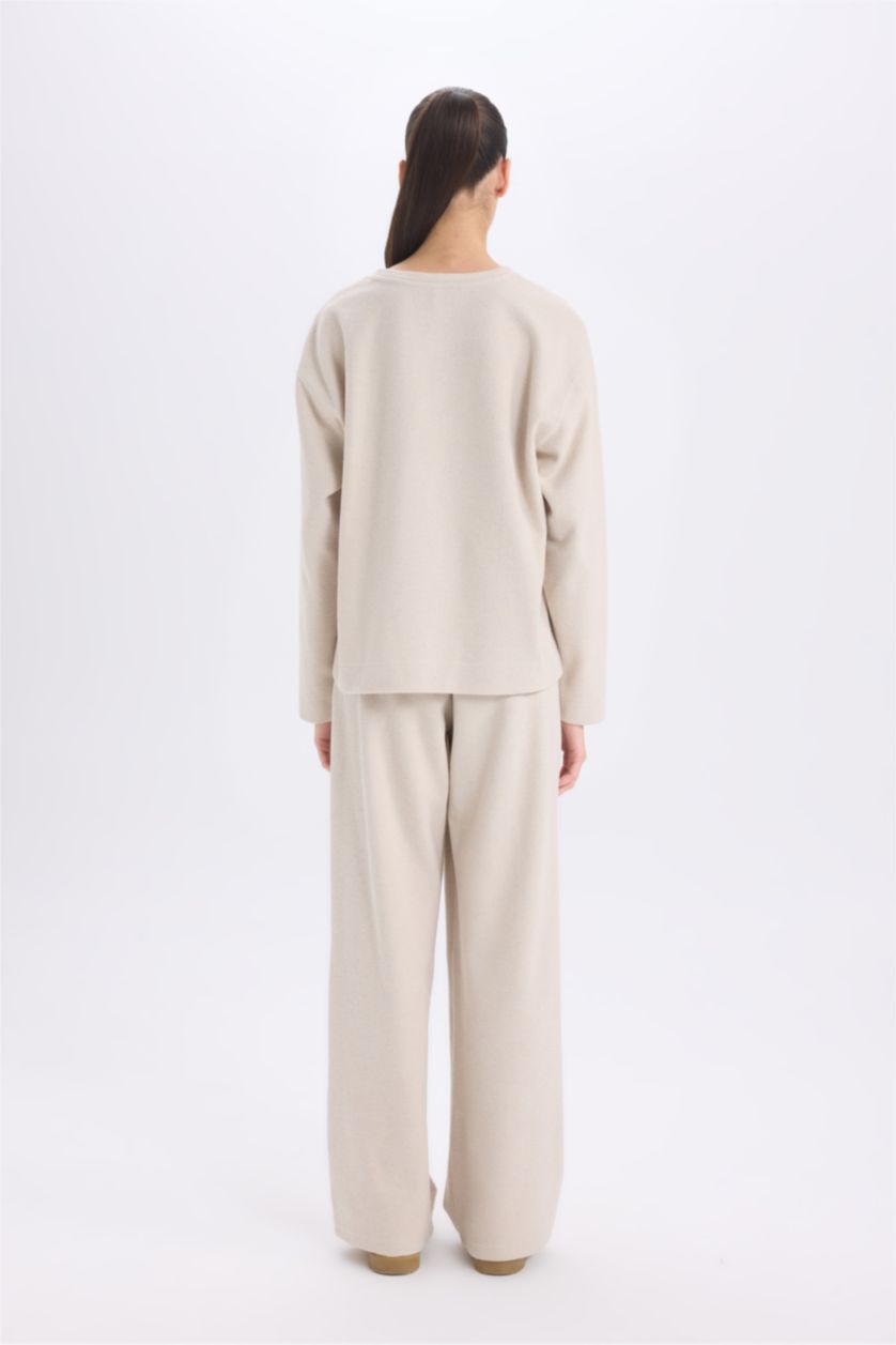 Kadın Bej 2'li Takım Bisiklet Yaka Uzun Kollu Basic Düz Üst Wide Leg Geniş Bol Paça Alt