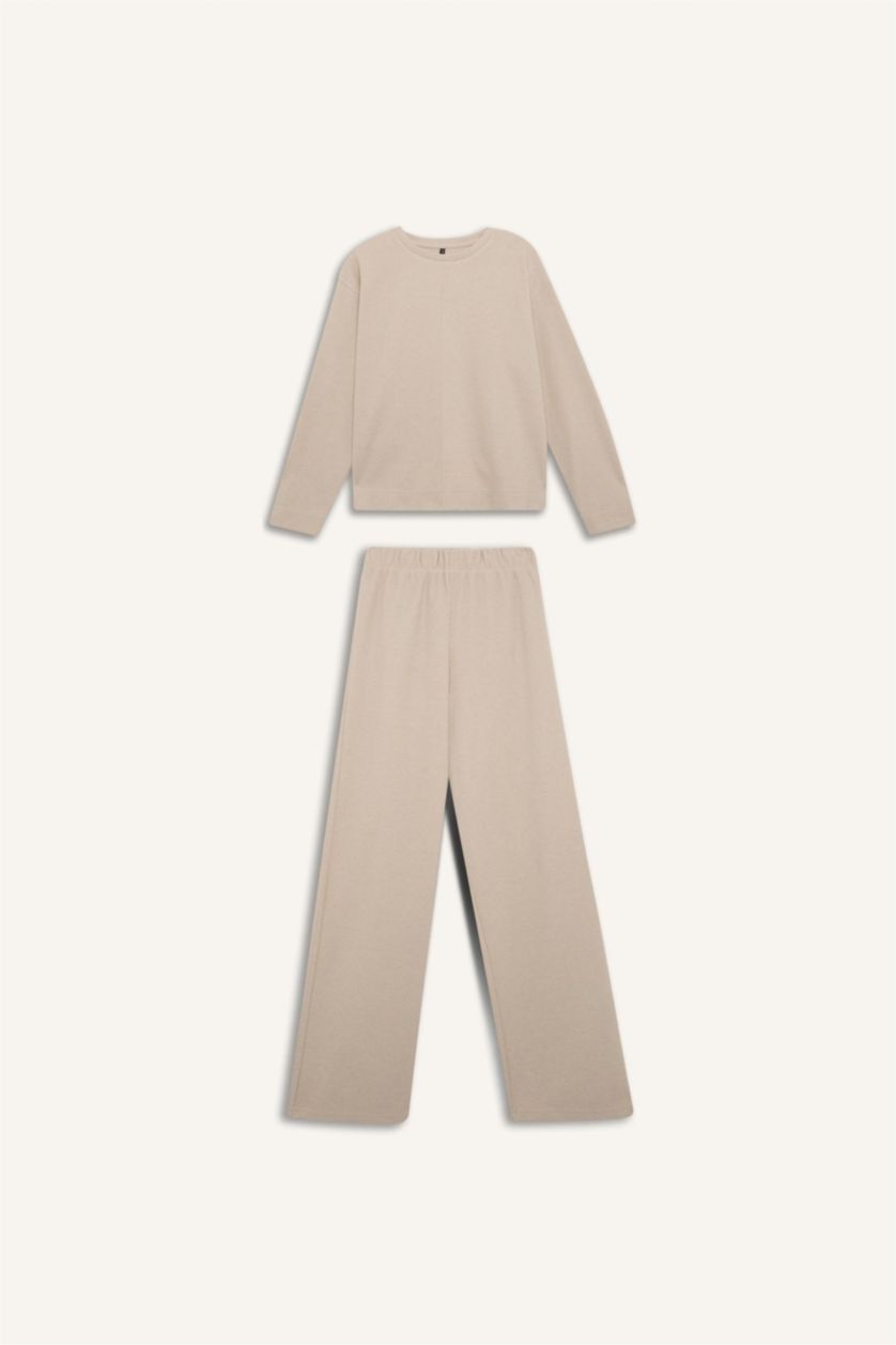 Kadın Bej 2'li Takım Bisiklet Yaka Uzun Kollu Basic Düz Üst Wide Leg Geniş Bol Paça Alt