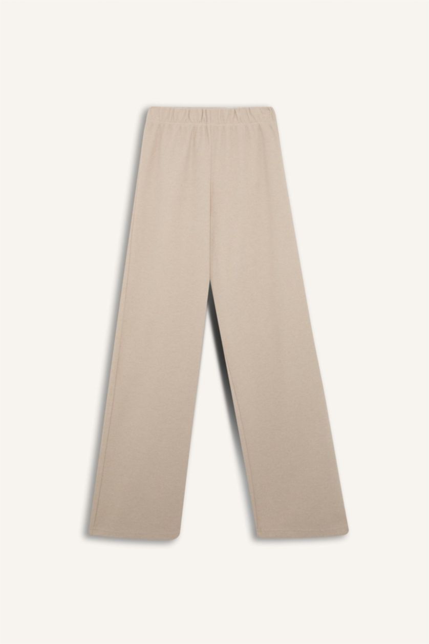 Kadın Bej 2'li Takım Bisiklet Yaka Uzun Kollu Basic Düz Üst Wide Leg Geniş Bol Paça Alt