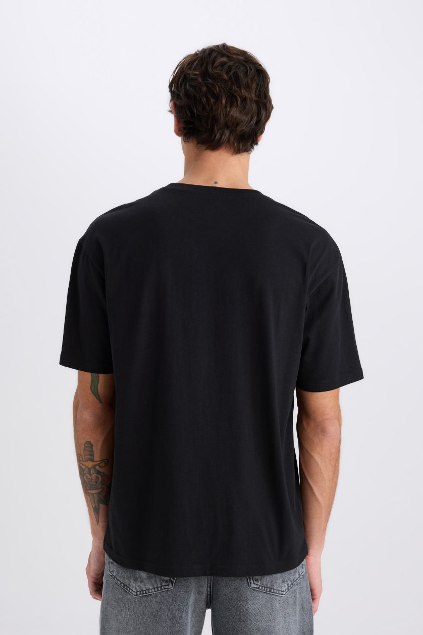 Erkek Siyah %100 Pamuk Boxy Fit Bisiklet Yaka Baskılı Kısa Kollu Tişört