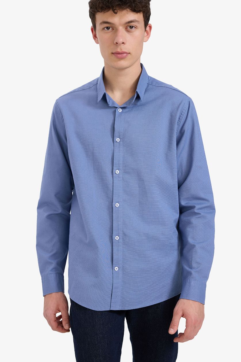 Man Blue Regular Fit Polo Neck Linen Summer Long Sleeve Shirt