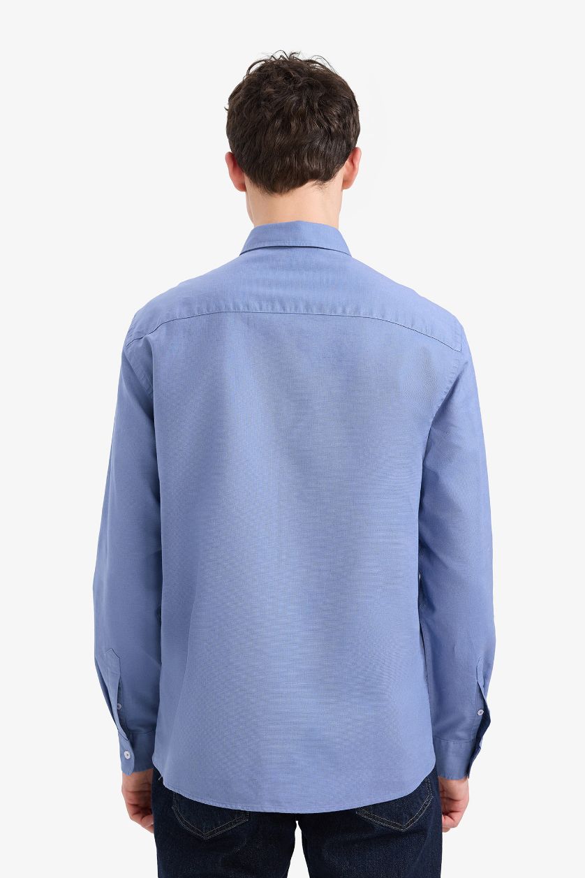 Man Blue Regular Fit Polo Neck Linen Summer Long Sleeve Shirt