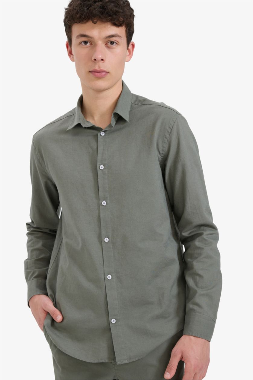 Erkek Açık Haki Regular Fit Polo Yaka Keten Yazlık Uzun Kollu Gömlek