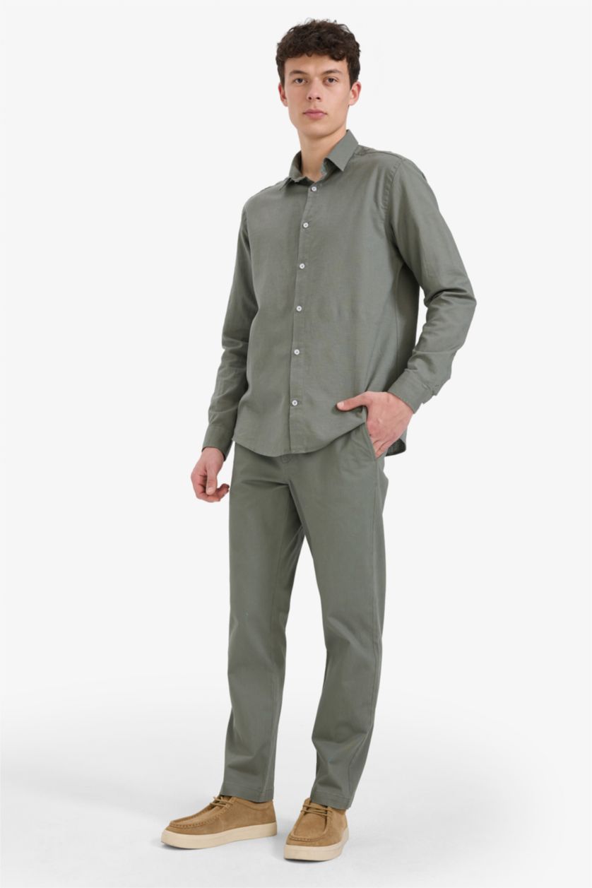 Erkek Açık Haki Regular Fit Polo Yaka Keten Yazlık Uzun Kollu Gömlek