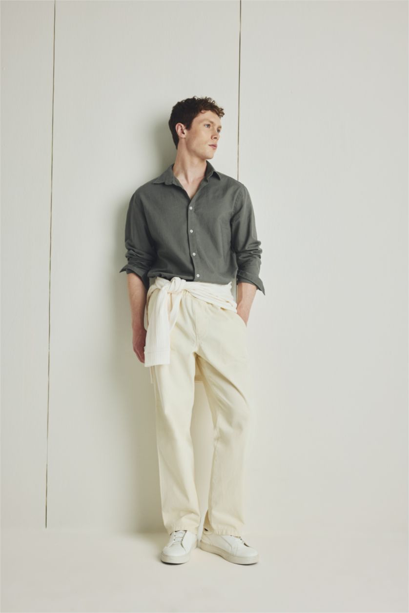 رجال كاكي فاتح Regular Fit Linen Long Sleeve Shirt