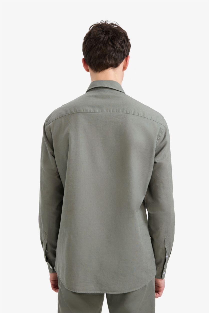 Erkek Açık Haki Regular Fit Polo Yaka Keten Yazlık Uzun Kollu Gömlek