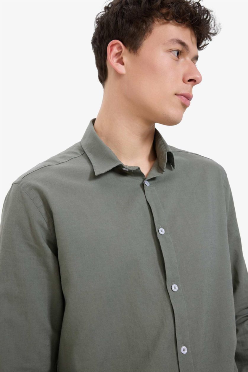 رجال كاكي فاتح Regular Fit Linen Long Sleeve Shirt