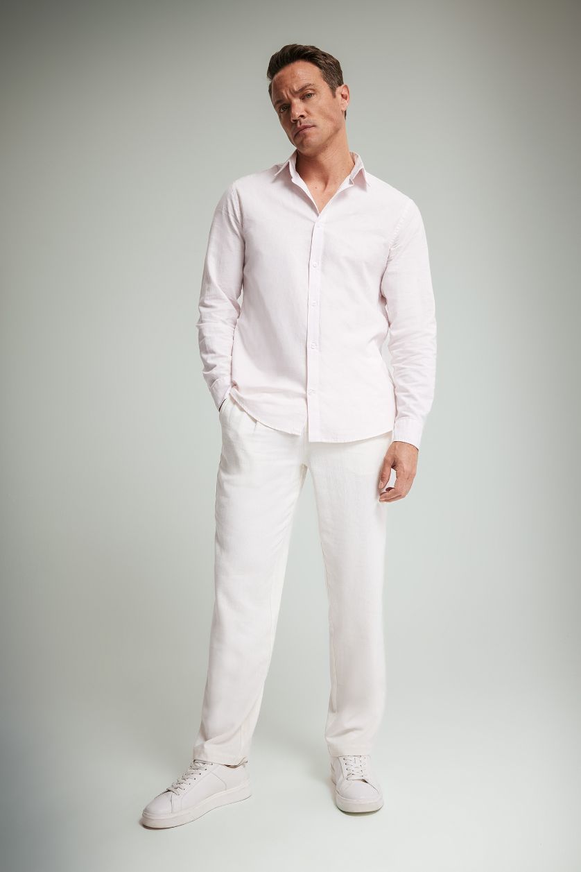 Erkek Pembe Regular Fit Polo Yaka Keten Yazlık Uzun Kollu Gömlek