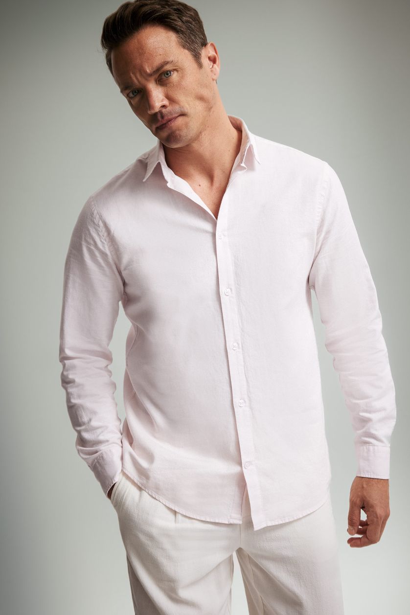 Erkek Pembe Regular Fit Polo Yaka Keten Yazlık Uzun Kollu Gömlek