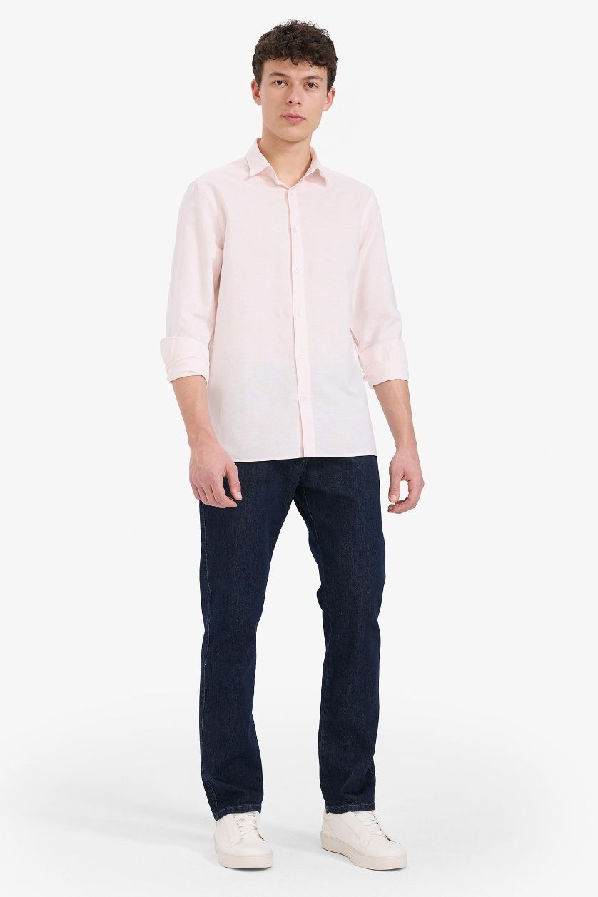 Erkek Pembe Regular Fit Polo Yaka Keten Yazlık Uzun Kollu Gömlek