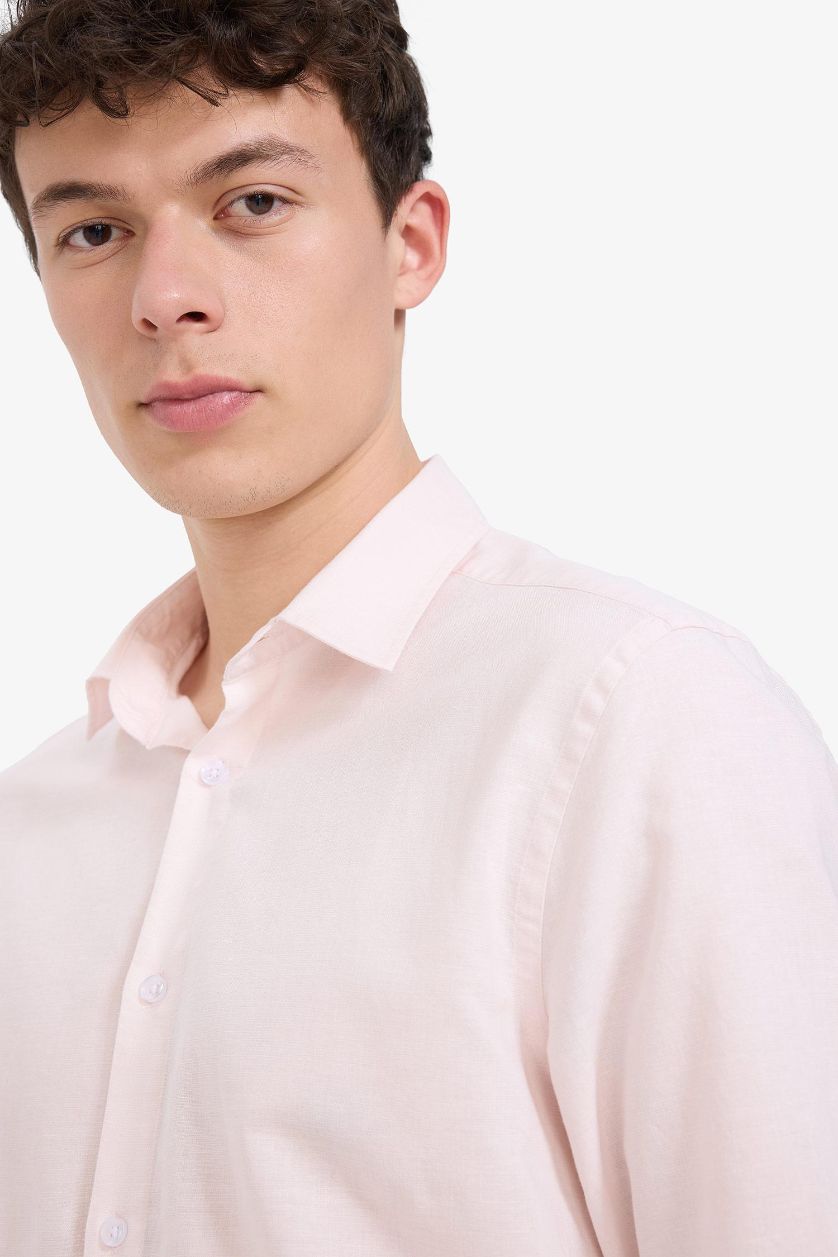 Erkek Pembe Regular Fit Polo Yaka Keten Yazlık Uzun Kollu Gömlek