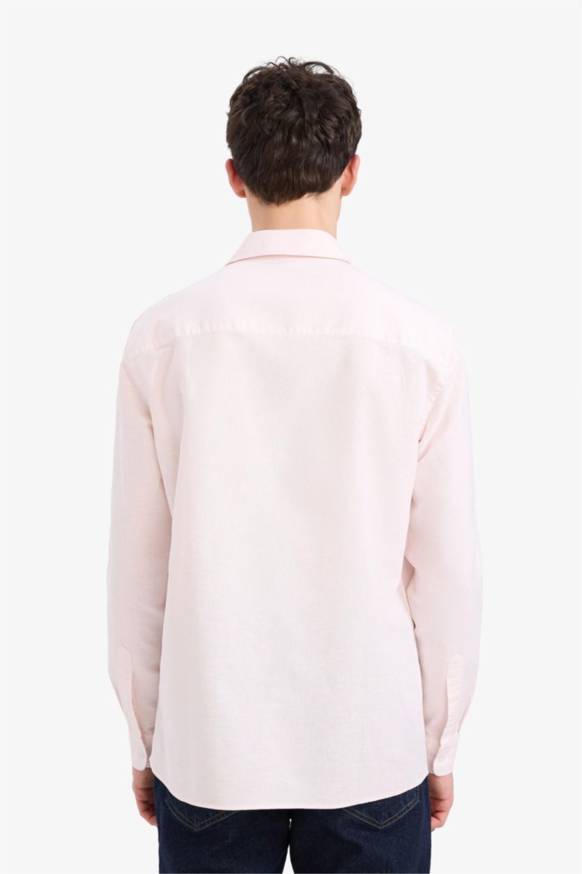 Erkek Pembe Regular Fit Polo Yaka Keten Yazlık Uzun Kollu Gömlek