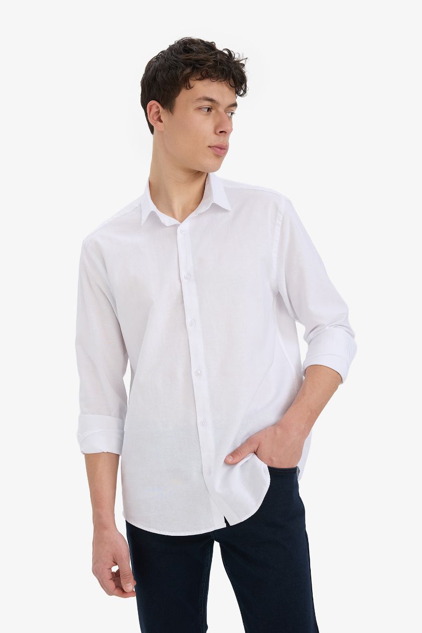 Erkek Beyaz Regular Fit Polo Yaka Keten Yazlık Uzun Kollu Beyaz Gömlek