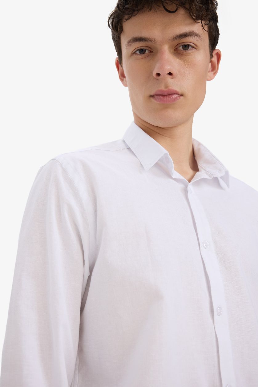 Erkek Beyaz Regular Fit Polo Yaka Keten Yazlık Uzun Kollu Beyaz Gömlek