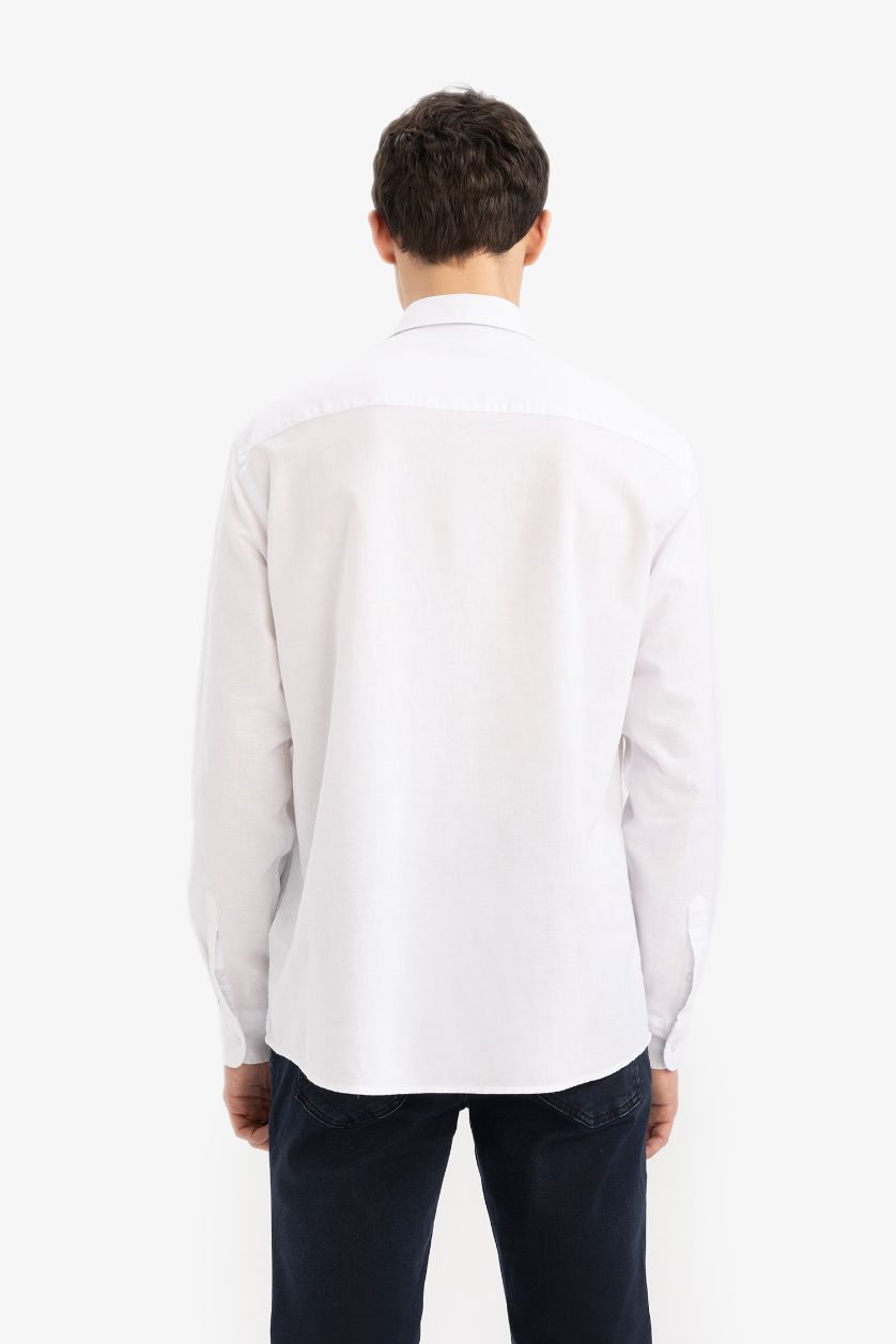 Erkek Beyaz Regular Fit Polo Yaka Keten Yazlık Uzun Kollu Beyaz Gömlek