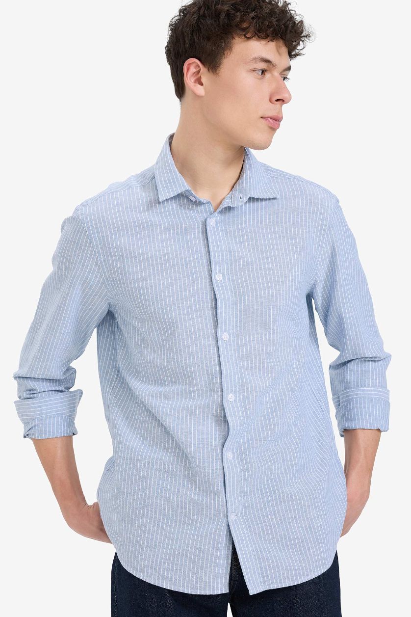 Man Blue Regular Fit Polo Neck Summer Linen Shirt