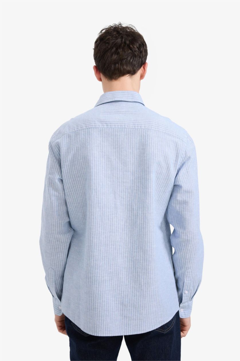 Man Blue Regular Fit Polo Neck Summer Linen Shirt
