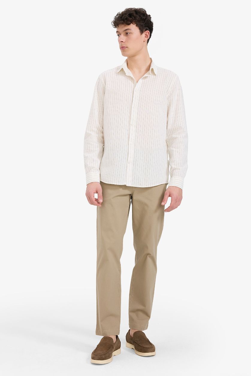 Erkek Ekru Regular Fit Polo Yaka Çizgili Keten Yazlık Uzun Kollu Gömlek