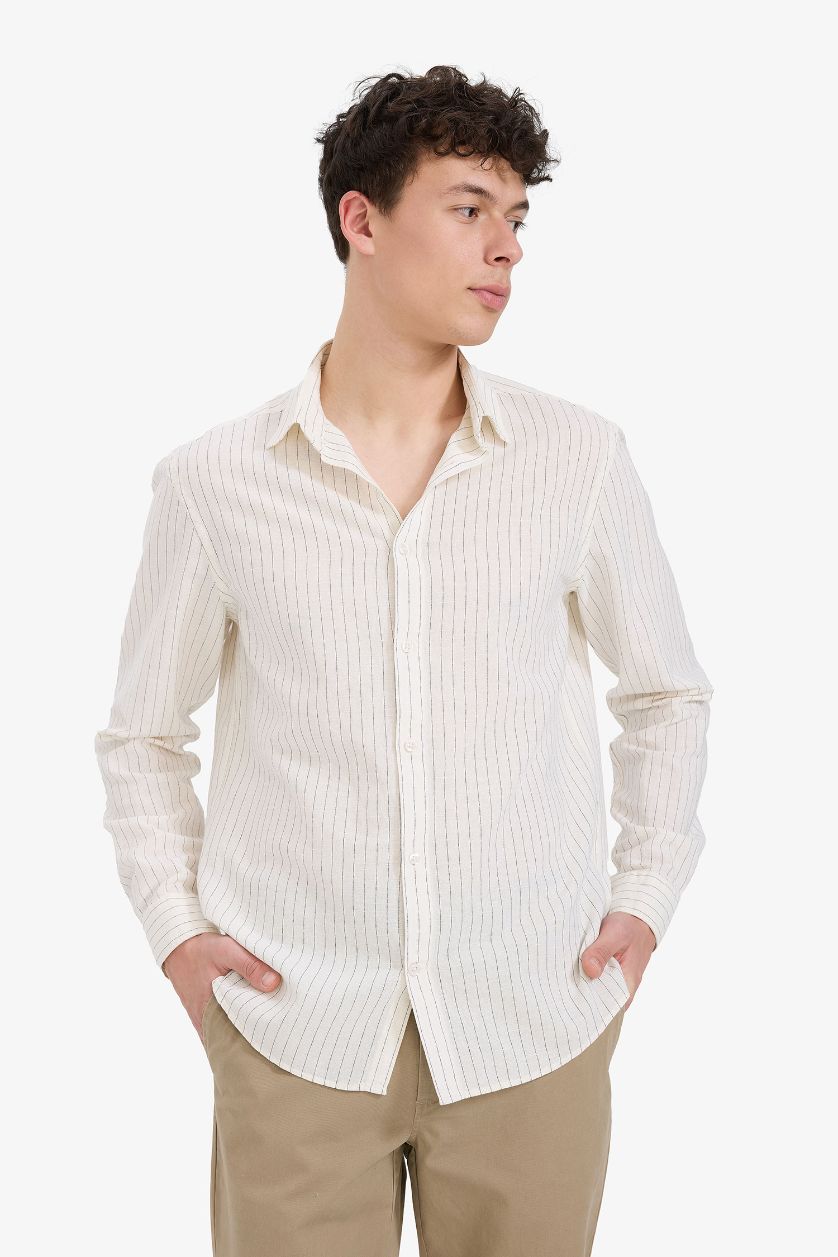 Erkek Ekru Regular Fit Polo Yaka Çizgili Keten Yazlık Uzun Kollu Gömlek