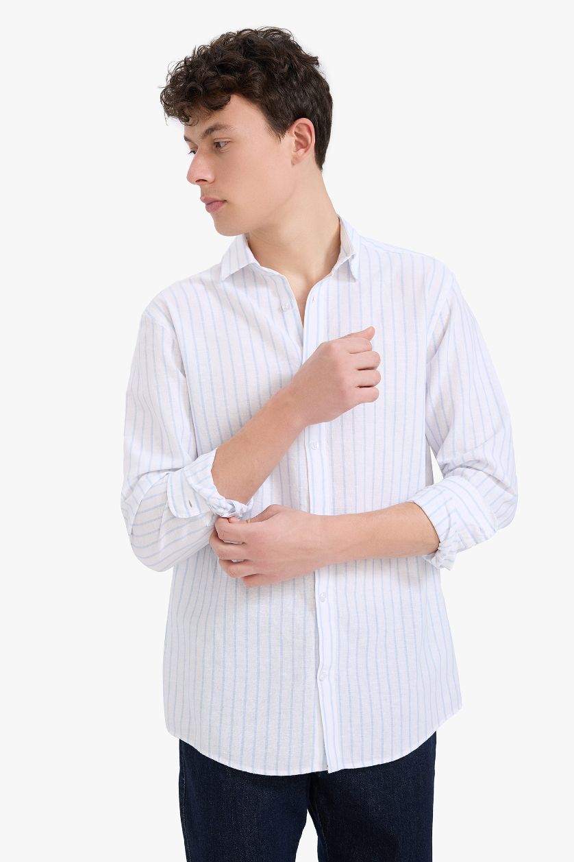 Erkek Beyaz Regular Fit Polo Yaka Çizgili Keten Yazlık Uzun Kollu Gömlek