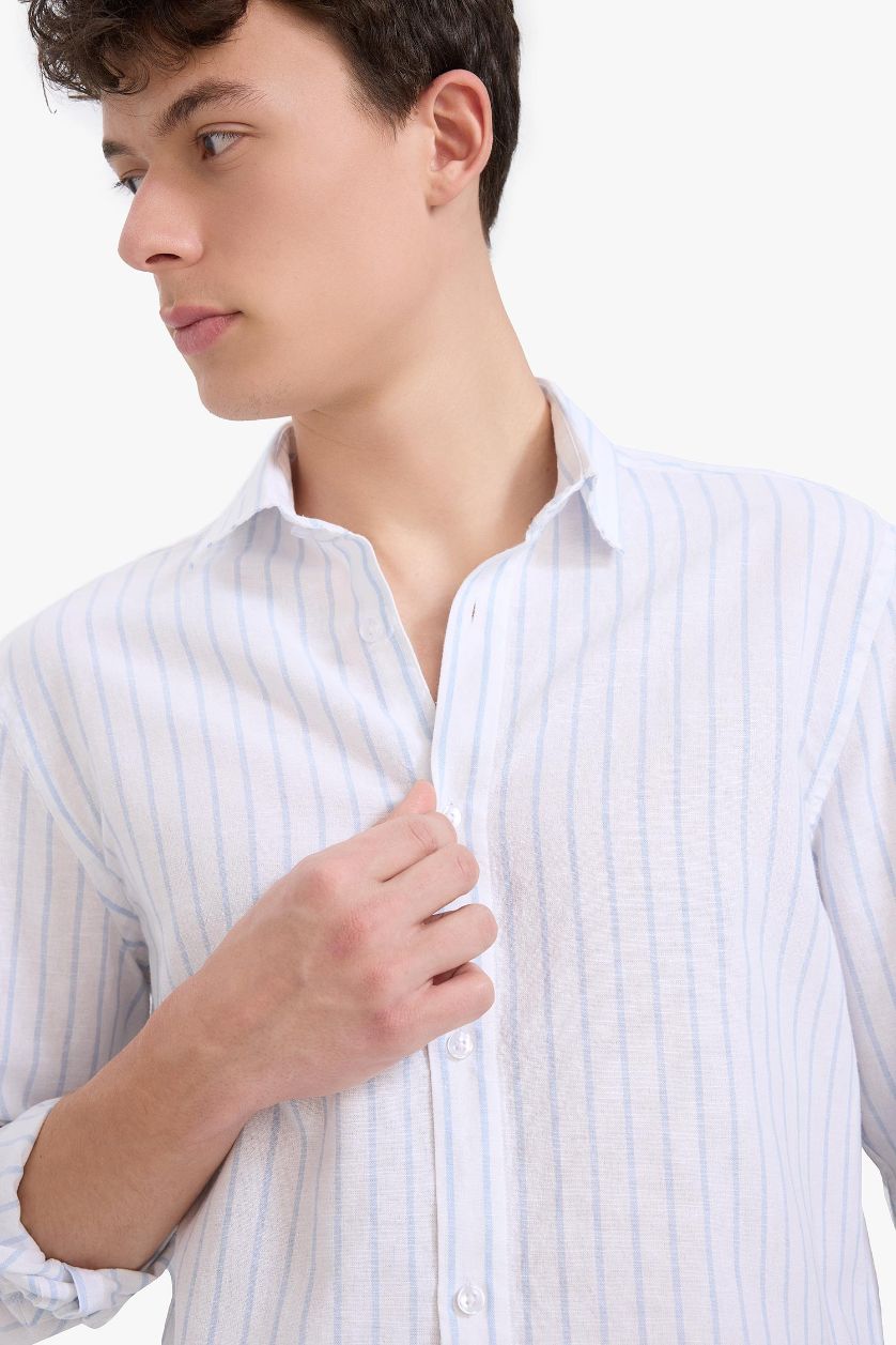 Erkek Beyaz Regular Fit Polo Yaka Çizgili Keten Yazlık Uzun Kollu Gömlek