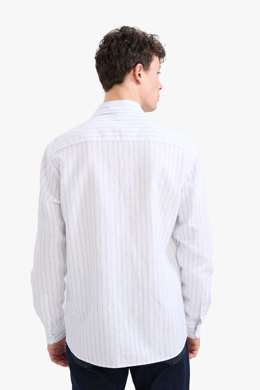 Erkek Beyaz Regular Fit Polo Yaka Çizgili Keten Yazlık Uzun Kollu Gömlek