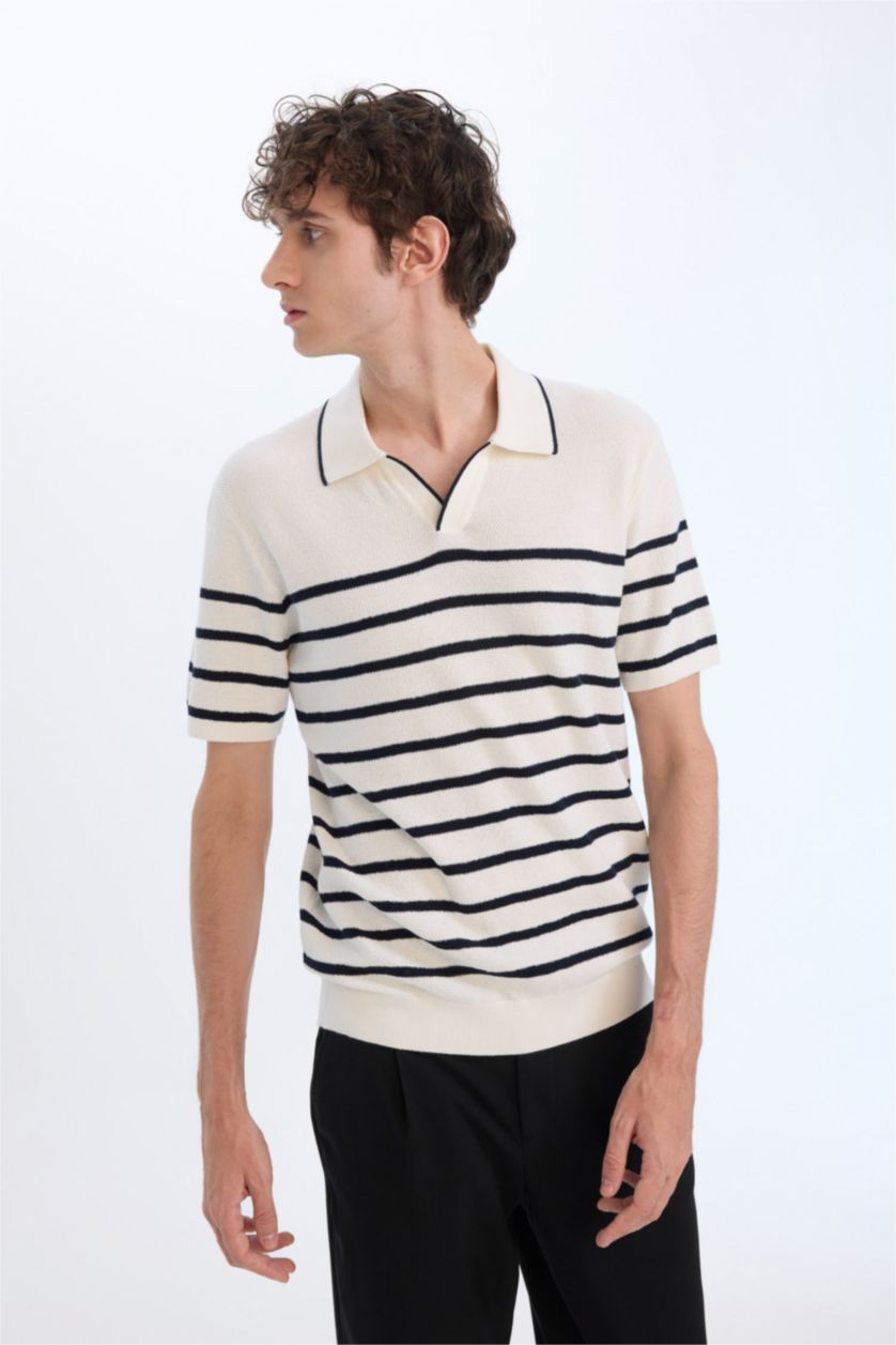 Мужчины Бежевый Футболка-поло в полоску стандартного кроя с коротким рукавом из трикотажа