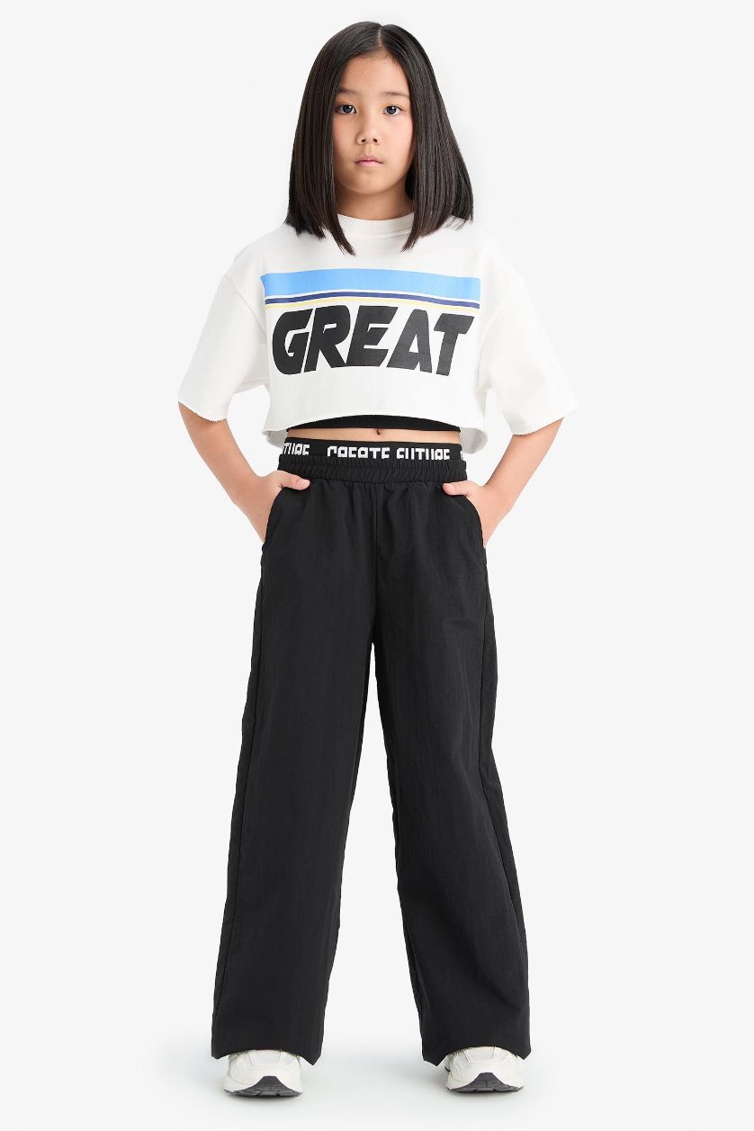 Kız Çocuk - Genç Kız Siyah Wide Leg Geniş Paça Pamuklu Pantolon Kız Çocuk