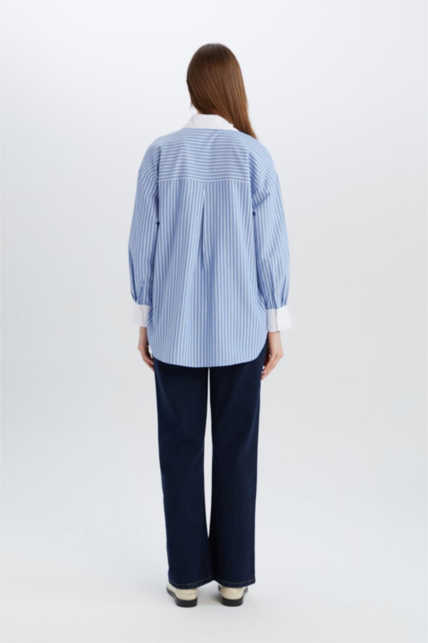 Kadın Mavi Relax Fit Çizgili Poplin Uzun Kollu Gömlek Tunik