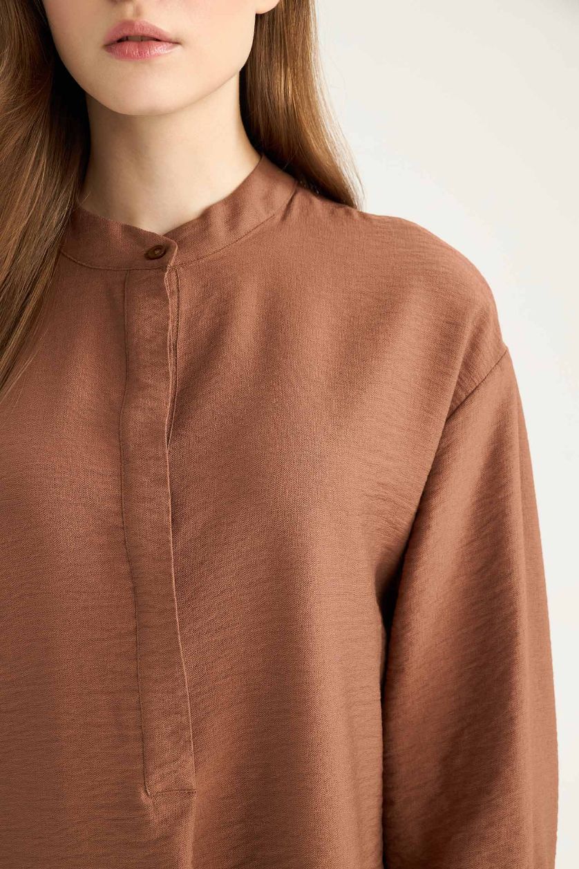 Kadın Açık Kahve Relax Fit Hakim Yaka Basic Düz Uzun Kollu Tesettür Gömlek Tunik