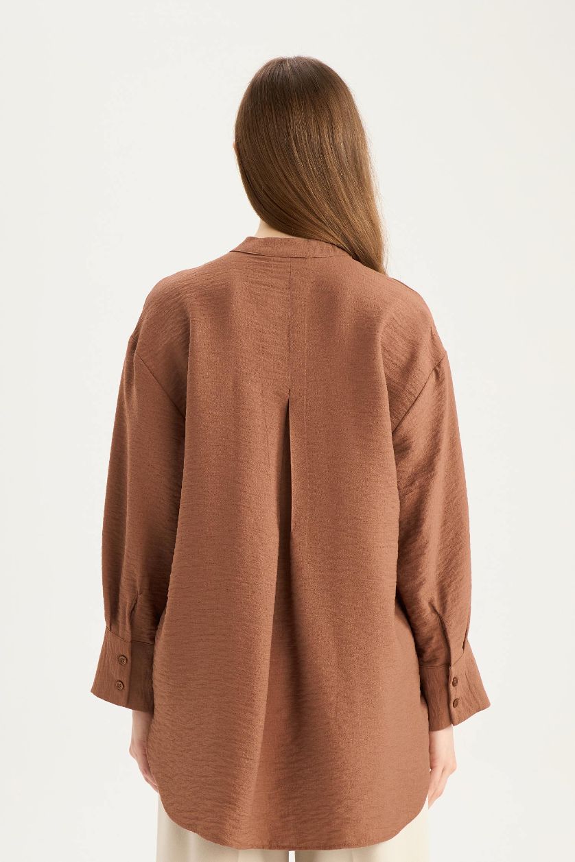 Kadın Açık Kahve Relax Fit Hakim Yaka Basic Düz Uzun Kollu Tesettür Gömlek Tunik