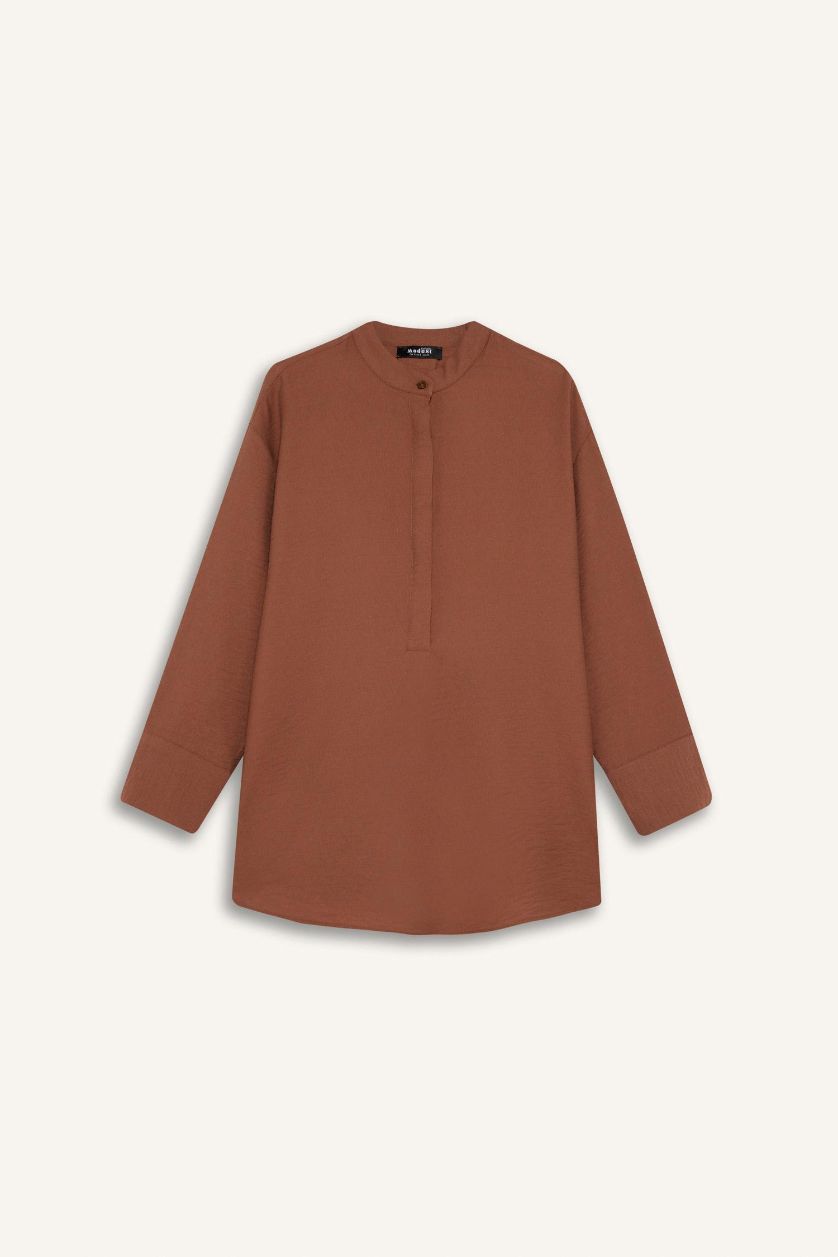 Kadın Açık Kahve Relax Fit Hakim Yaka Basic Düz Uzun Kollu Tesettür Gömlek Tunik