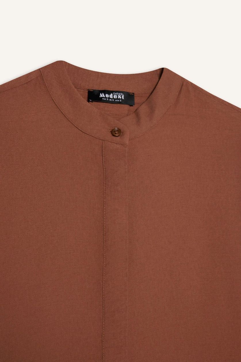 Kadın Açık Kahve Relax Fit Hakim Yaka Basic Düz Uzun Kollu Tesettür Gömlek Tunik