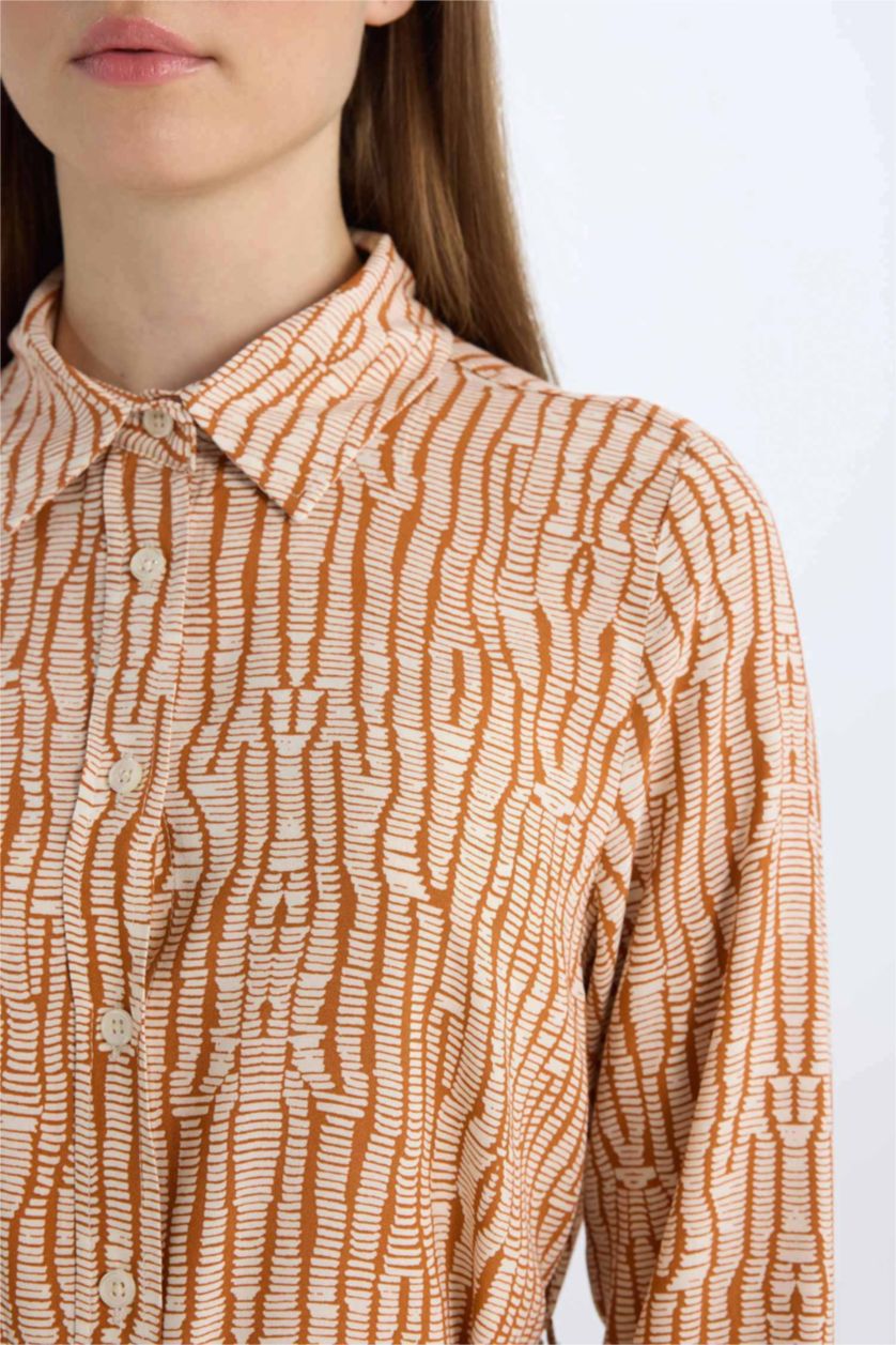 نساء برتقلي غامق تونيكة كم طويل مطبوع قصة عادية بياقة قميص