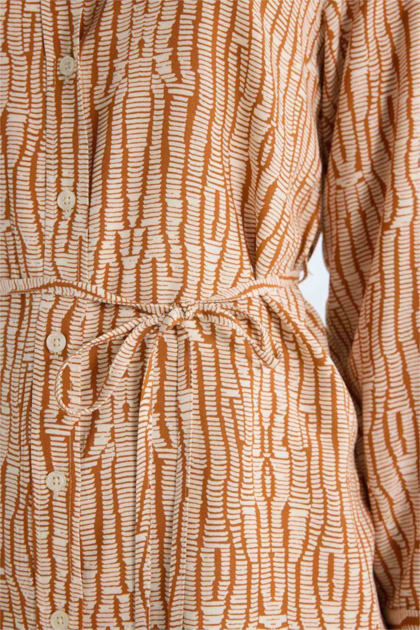 نساء برتقلي غامق تونيكة كم طويل مطبوع قصة عادية بياقة قميص