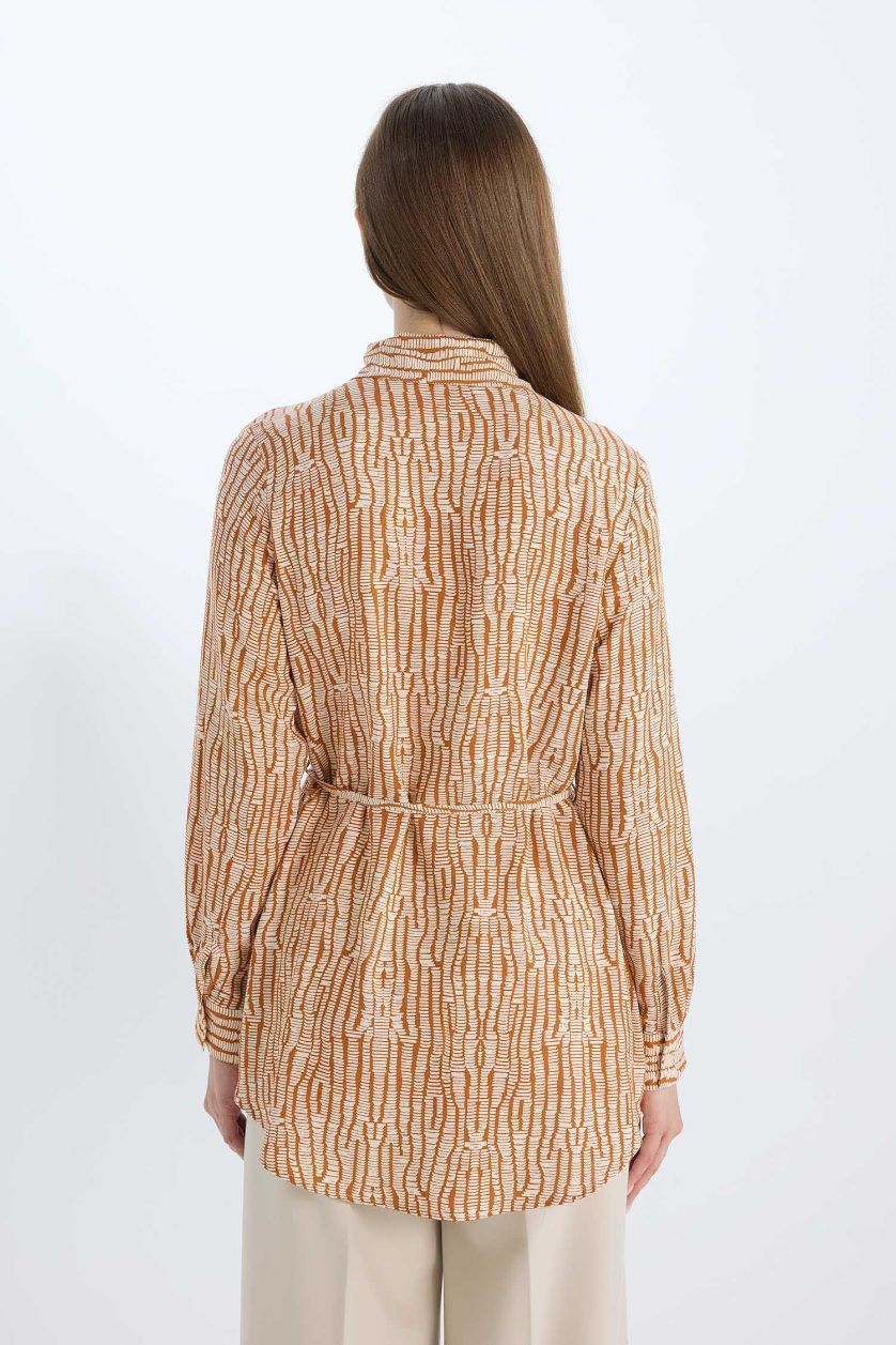 نساء برتقلي غامق تونيكة كم طويل مطبوع قصة عادية بياقة قميص