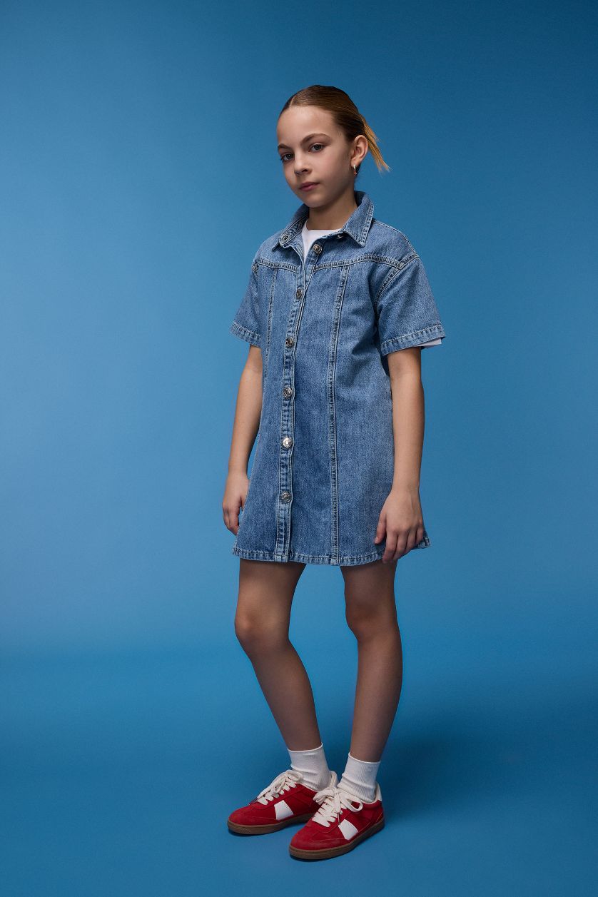 Kız Çocuk - Genç Kız Açık Mavi Gömlek Yaka Kısa Kollu Pamuklu Yazlık Jean Elbise Kız Çocuk
