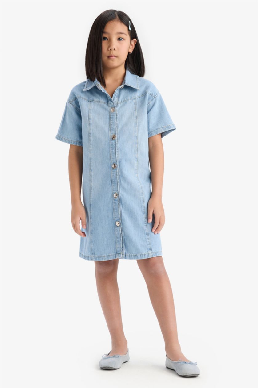 GIRLS & TEENS Light Blue Girl Shirt Collar Short Sleeve Cotton Denim Dress