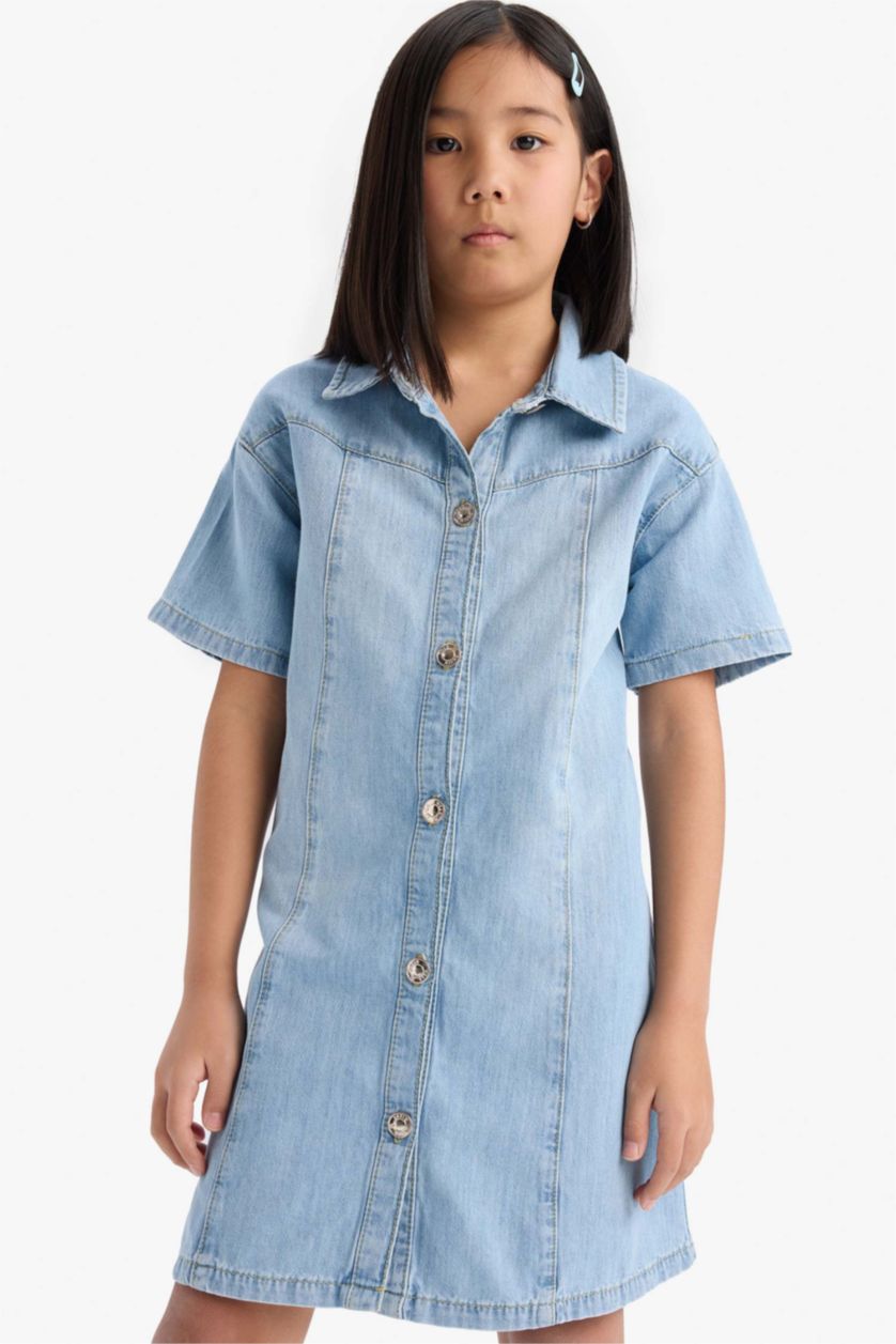 GIRLS & TEENS Light Blue Girl Shirt Collar Short Sleeve Cotton Denim Dress