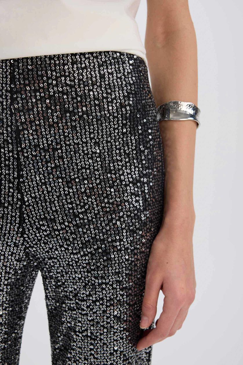 Kadın Siyah Siyah Şık Payetli Pantolon Flare Fit Yüksek Bel Standart Boy