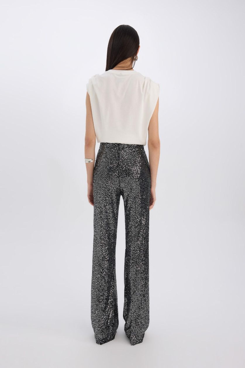 Kadın Siyah Siyah Şık Payetli Pantolon Flare Fit Yüksek Bel Standart Boy