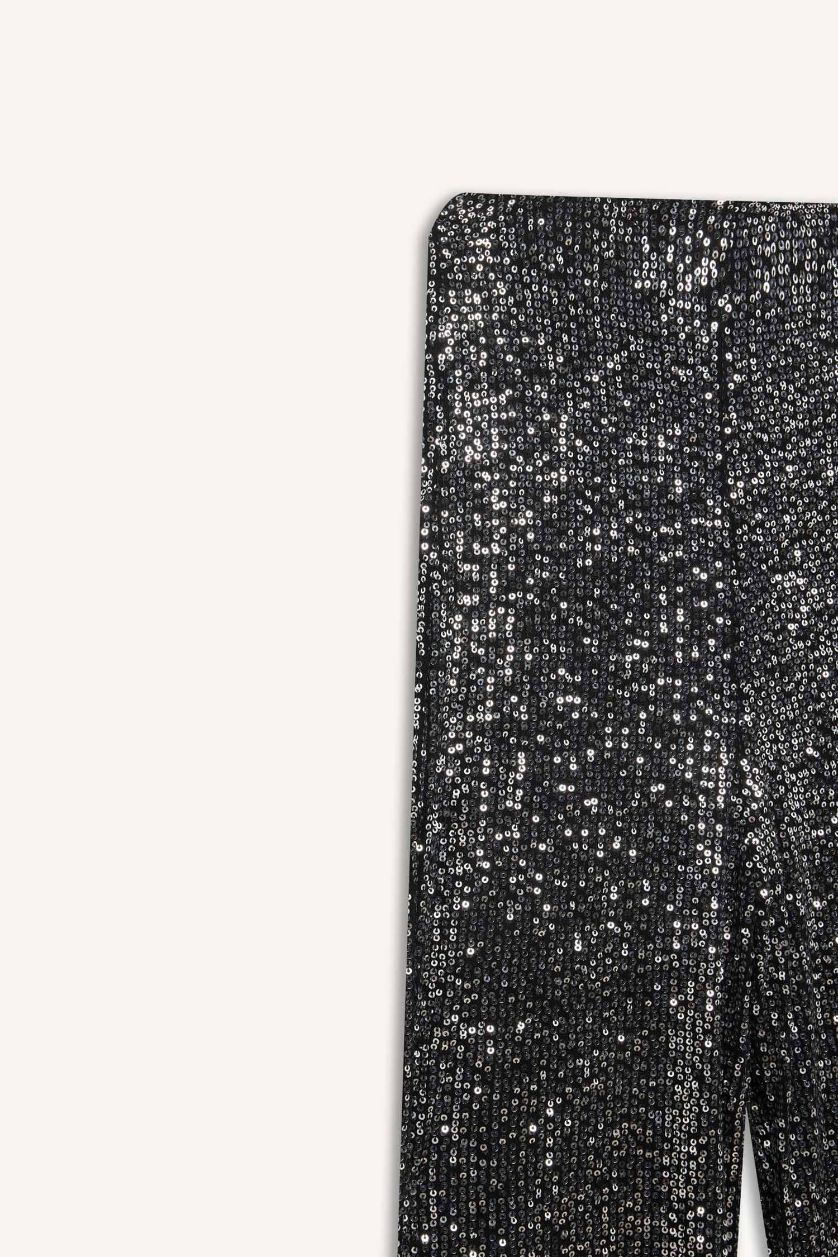 Kadın Siyah Siyah Şık Payetli Pantolon Flare Fit Yüksek Bel Standart Boy