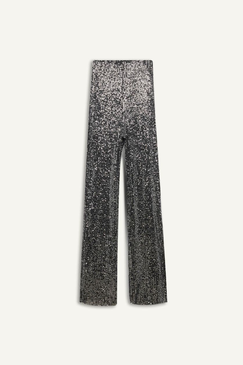 Kadın Siyah Siyah Şık Payetli Pantolon Flare Fit Yüksek Bel Standart Boy