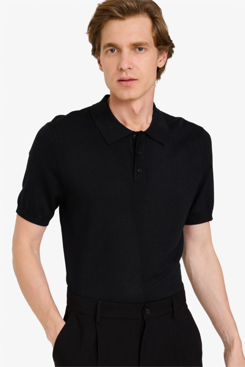 MAN Black Standard Fit Short Sleeves Knit Polo T-shirt