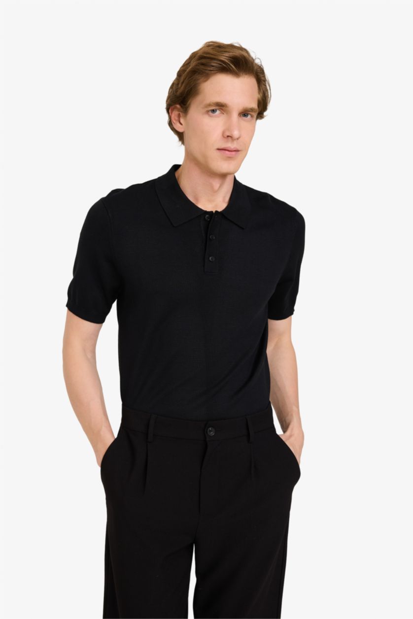 MAN Black Standard Fit Short Sleeves Knit Polo T-shirt
