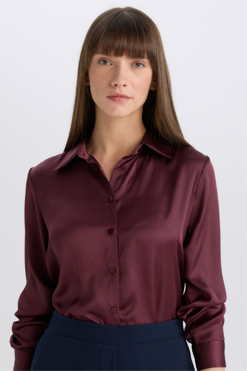 Kadın Kahve Regular Fit Saten Uzun Kollu Gömlek